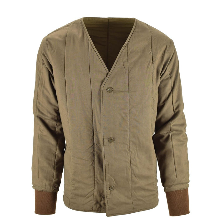 Genuine Czech Army M60 quilted thermal liner jacket with button-up front and brown ribbed cuffs for warmth and durability.