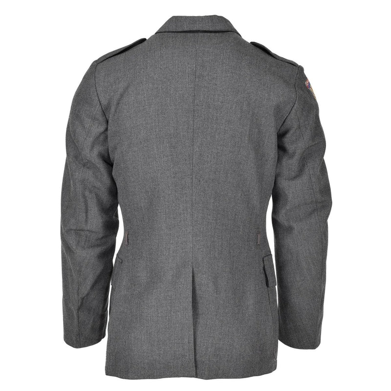 Back view of Danish Civil Defence Forces gray military uniform jacket with shoulder insignia and epaulets.