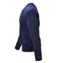 Side view of genuine Dutch army navy blue V-neck military pullover sweater with reinforced shoulders and elbows