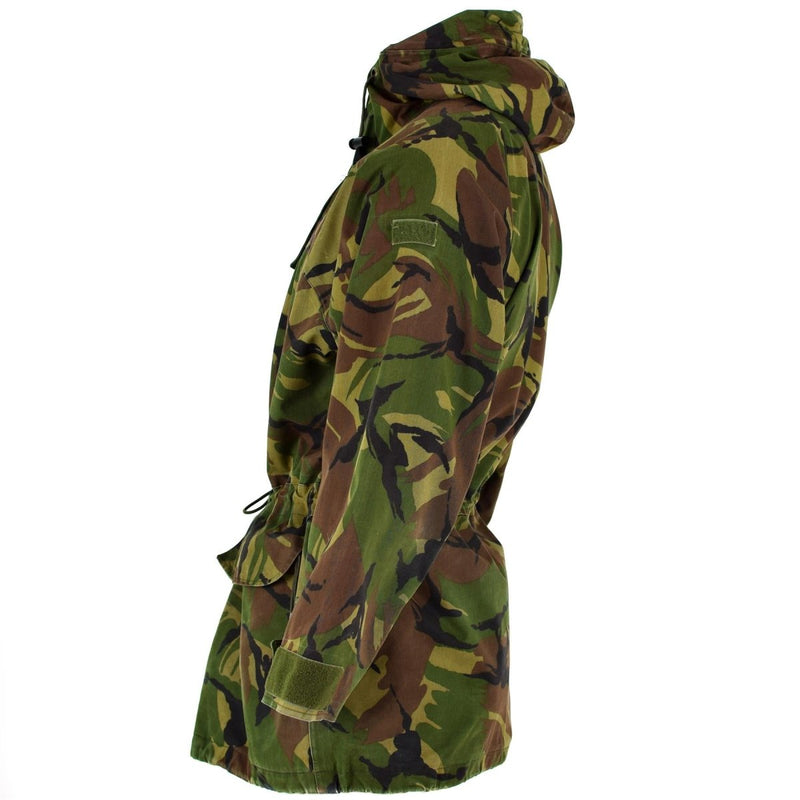 Side view of genuine Dutch Army waterproof bi-laminated combat parka in DPM camouflage with adjustable fit and pockets