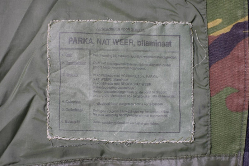Close-up of label on genuine Dutch Army waterproof bi-laminated combat parka with DPM camouflage fabric detail.