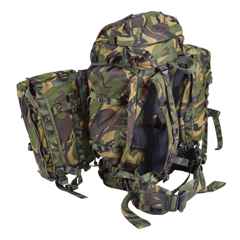 Genuine Dutch Military 60L rucksack in DPM camouflage with removable side pockets and padded straps for tactical use.