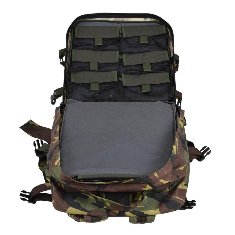Open genuine Dutch military medic backpack in DPM camouflage showing internal compartments and mesh pockets