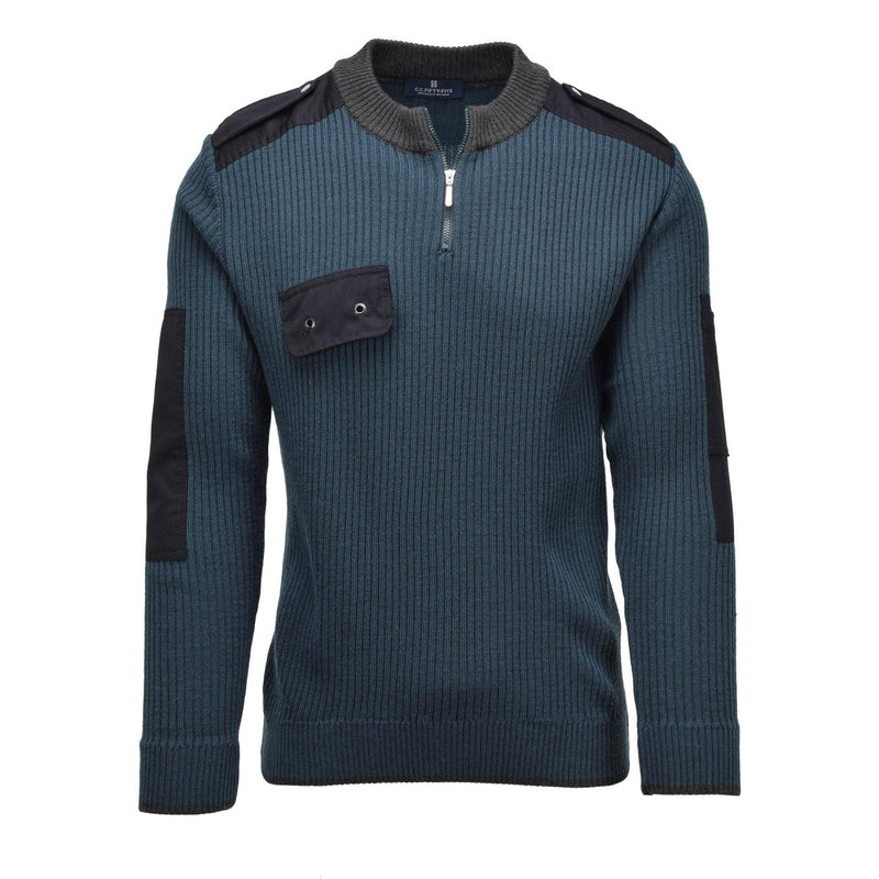 Genuine Dutch military rib knit blue pullover sweater with quarter zip and reinforced elbows for cold weather.
