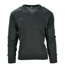 Dark green Dutch Army commando pullover sweater with V-neck and reinforced shoulder and elbow patches.
