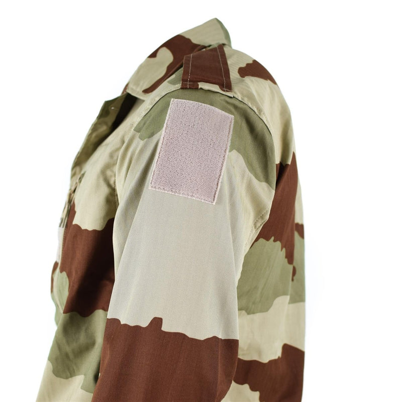 Side view of Genuine French Army F2 jacket in desert camouflage with hook and loop patch on sleeve