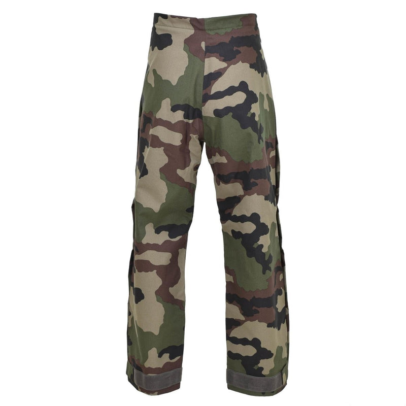 Genuine French Army waterproof trilaminate rain pants with CCE camo pattern and adjustable braces for secure fit