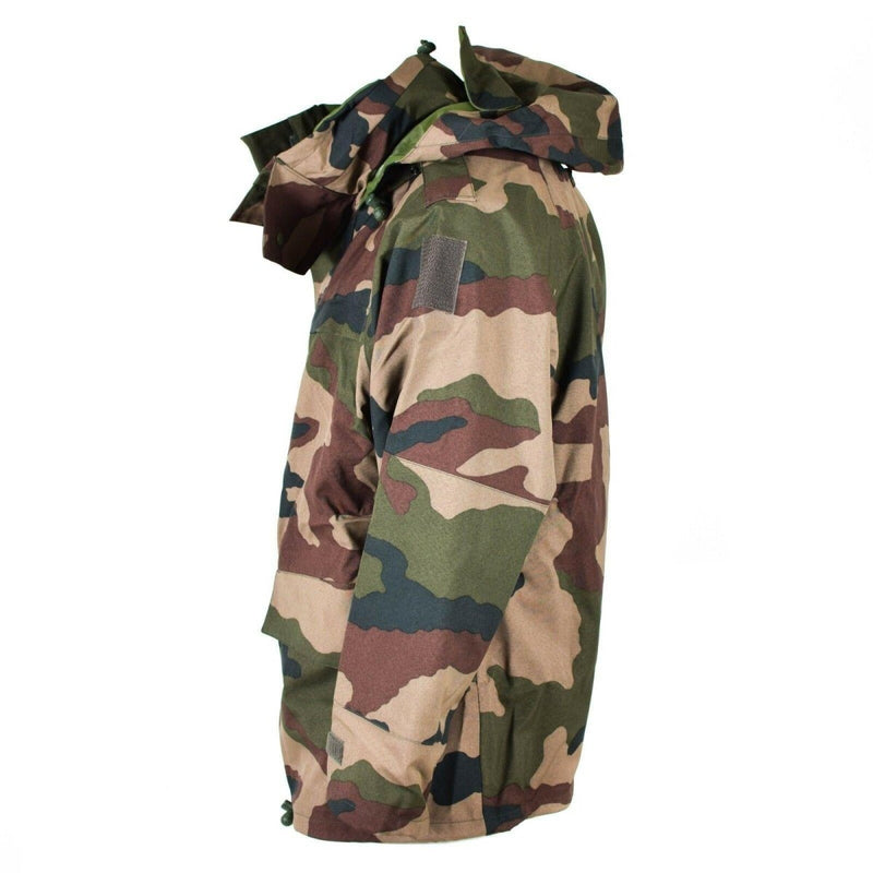 Side view of genuine French army waterproof trilaminate camo jacket with hood and patch attachment plate
