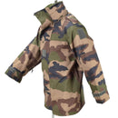Genuine French Army waterproof trilaminate camo jacket with hood, storm flap, adjustable cuffs, and reinforced elbows.