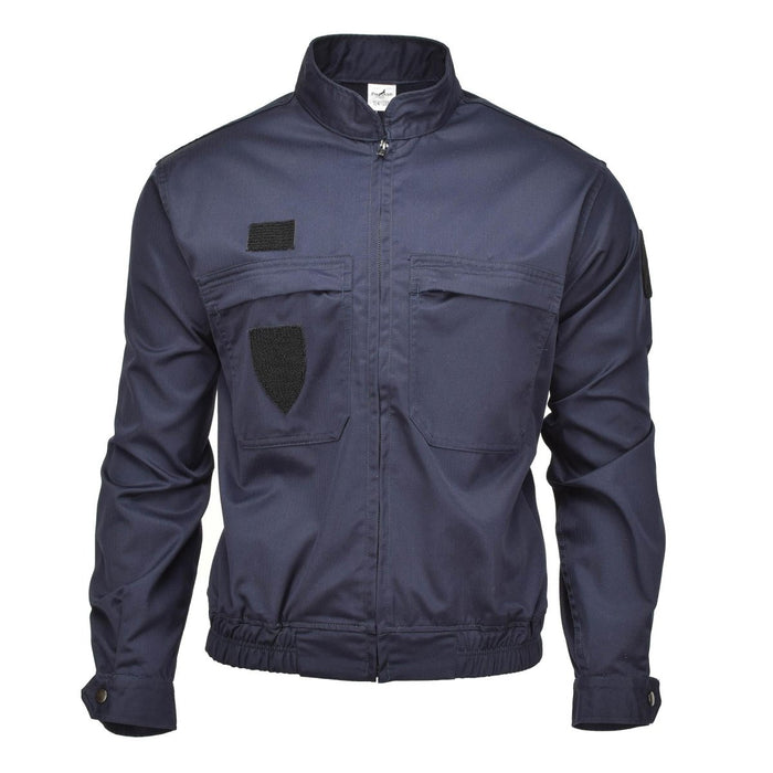 Navy blue genuine French military police jacket with zippered front, multiple pockets, adjustable cuffs, elastic waistband.