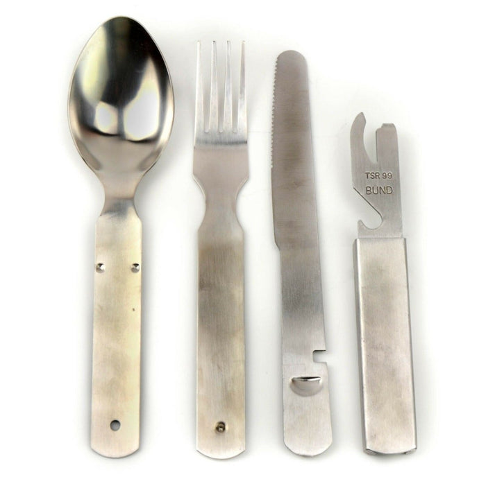 German army stainless steel cutlery set with spoon, fork, knife, and multitool can opener for outdoor use