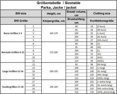 Size chart for German army Flecktarn desert parka with measurements for height, breast volume, and clothing size.