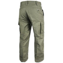Back view of genuine German Army issue olive moleskin field combat pants with side cargo and back pockets.