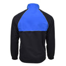 Back view of genuine German Military Bundeswehr blue and black sports jacket with high collar and elastic cuffs