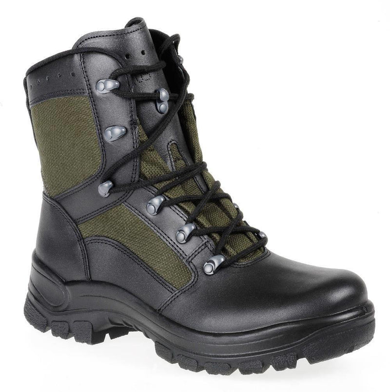 Genuine German military combat boot in black leather and green textile with slip-resistant sole and fast lacing system