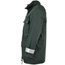 Side view of genuine German police GoreTex waterproof green BGS parka jacket with reflective cuff band and buttoned pockets