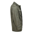 Side view of genuine Greek military M65 field jacket in olive green with buttoned cuffs and high collar