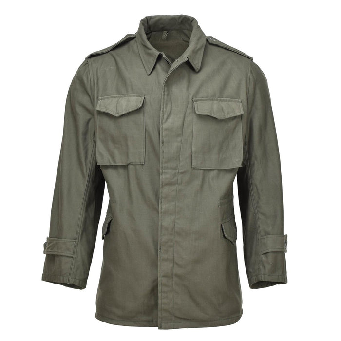 Genuine Greek military M65 field jacket in olive, durable with multiple pockets and high collar, classic army surplus style.