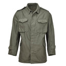 Genuine Greek military M65 field jacket in olive, durable with multiple pockets and high collar, classic army surplus style.