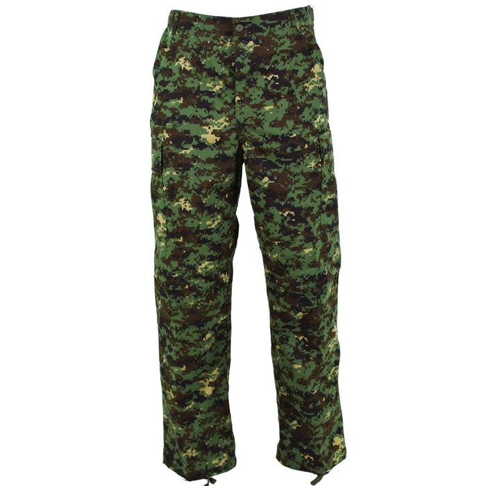 Genuine Guinea Bissau military ripstop jungle camouflage pants, adjustable waist, reinforced knees, and durable polycotton