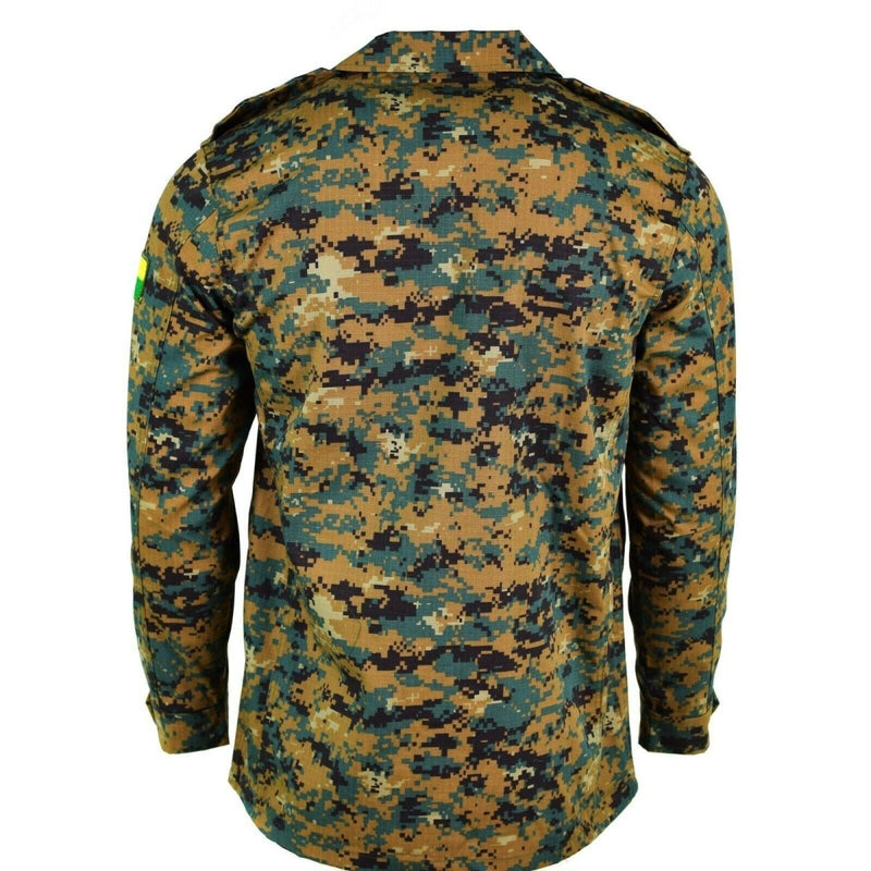 Back view of Genuine Guinea Bissau RipStop digital savana camo military jacket with epaulets and flag patch on sleeve.