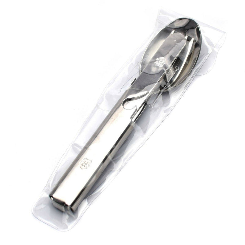 Hungarian military stainless steel 4-piece cutlery set with fork, knife, spoon, and can opener in compact case.