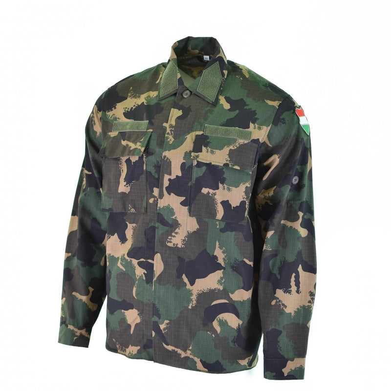 Genuine Hungarian Army M90 long sleeve shirt with four-color camouflage and ripstop fabric for durability and outdoor use.