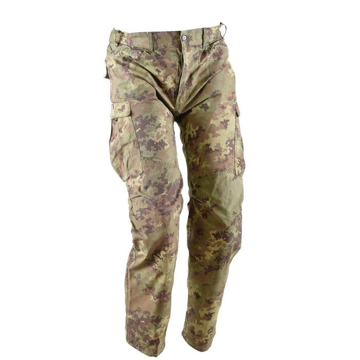 Genuine Italian Army ripstop combat pants in desert Vegetato camouflage with cargo pockets and reinforced knees.