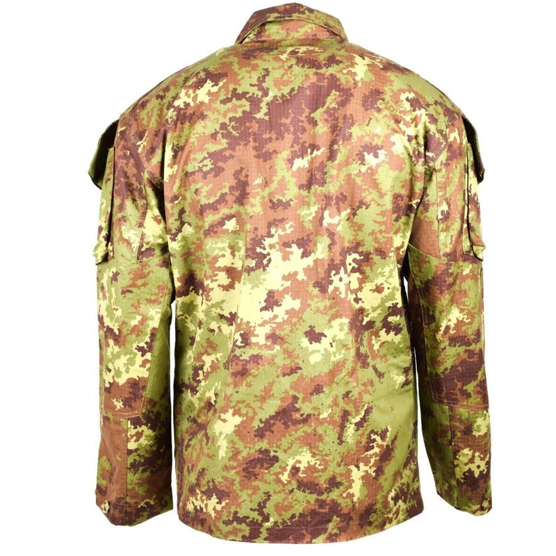 Back view of Genuine Italian Army Rip Stop Vegetato camo ACU jacket with multiple sleeve pockets and durable fabric