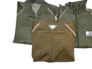 Three folded genuine Italian Army training tracksuit tops with full zip and Italian flag stripes on shoulders