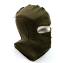 Olive green Italian army balaclava with two eye holes and zippered mouth for cold weather protection.