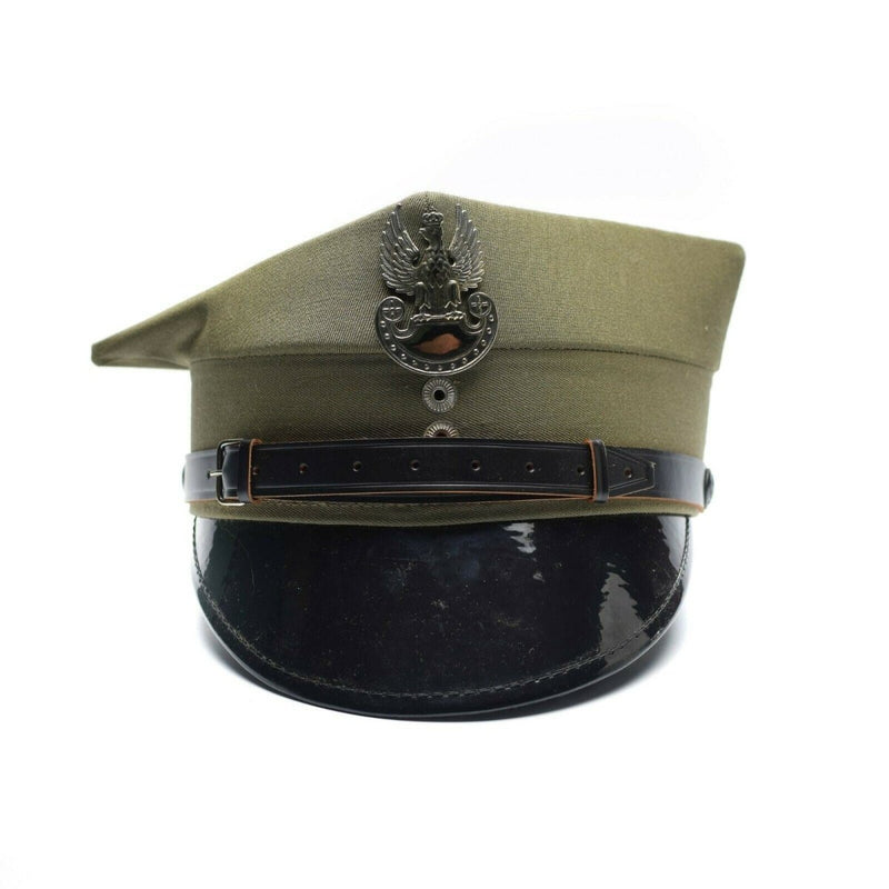 Vintage Polish military officer peaked cap olive green with eagle insignia and adjustable chinstrap