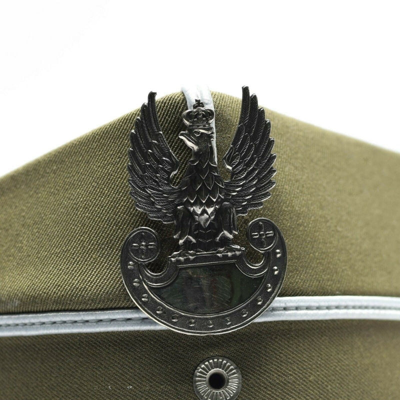 Genuine Polish military officer peaked cap with detailed eagle cockade and woolen olive green fabric band.