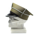Genuine Polish military officer peaked cap with eagle cockade, olive wool fabric and black visor on a white mannequin head.