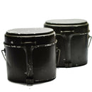 Two genuine Romanian Army aluminum mess kits with foldable handles and vintage worn finish on white background.