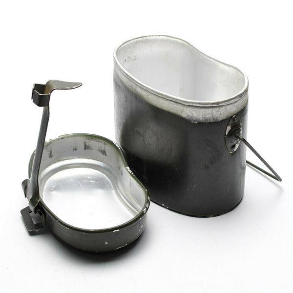 Original Romanian Army aluminum mess kit with foldable handles, ideal for camping and outdoor use.