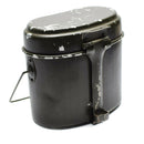 Vintage genuine Romanian Army aluminum mess kit with foldable handles, ideal for camping and outdoor use.