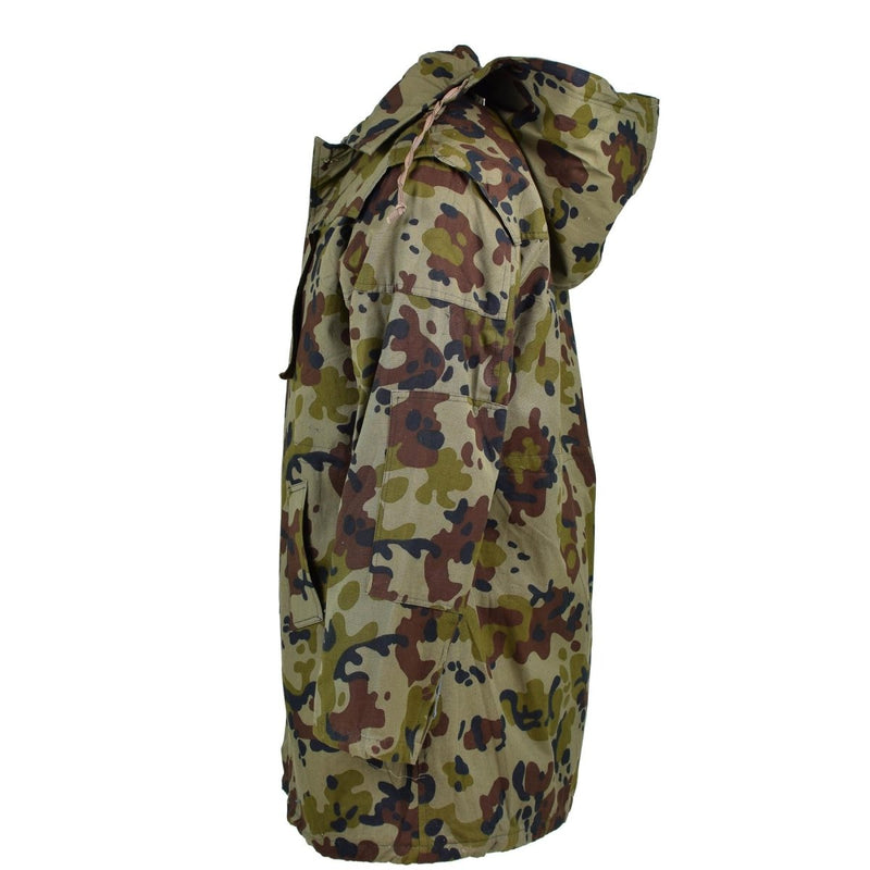 Side view of genuine Romanian Army Parka M93 with combat camo leaf pattern and adjustable hood and pockets