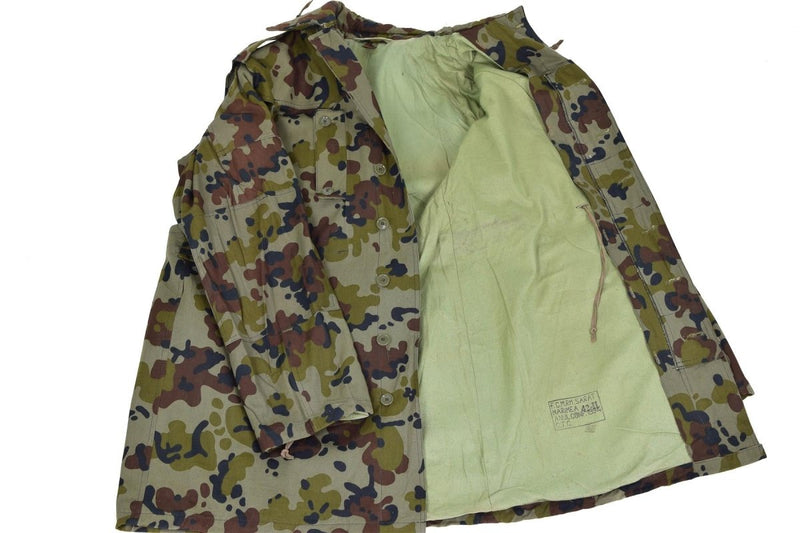 Genuine Romanian Army M93 Parka with combat camo leaf pattern, hood, adjustable fit, and reinforced elbows, military surplus jacket.