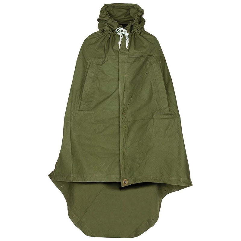 Genuine Romanian Army olive waterproof tarpaulin poncho with hood and button closures for rain protection and shelter use.