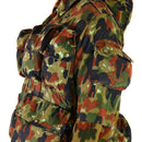 Close-up of genuine Swiss army M70 Alpenflage camo sniper combat hooded parka with multiple pockets and adjustable fit