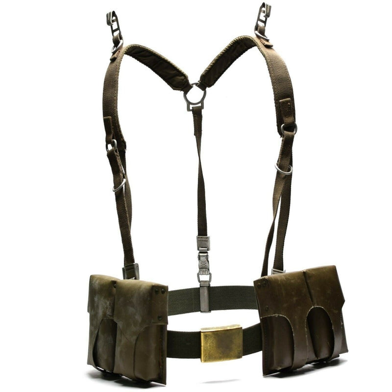 German army style Y-strap suspenders with magazine pouches, heavy-duty webbing, brass buckle, and metal attachment clips.