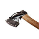 HULTAFORS ABY Forest Axe with carbon steel head, wood handle, and protective leather sheath for outdoor wood processing.