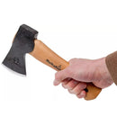 Hand holding HULTAFORS Ågelsjön Mini Hatchet with wooden handle and carbon steel blade for outdoor use