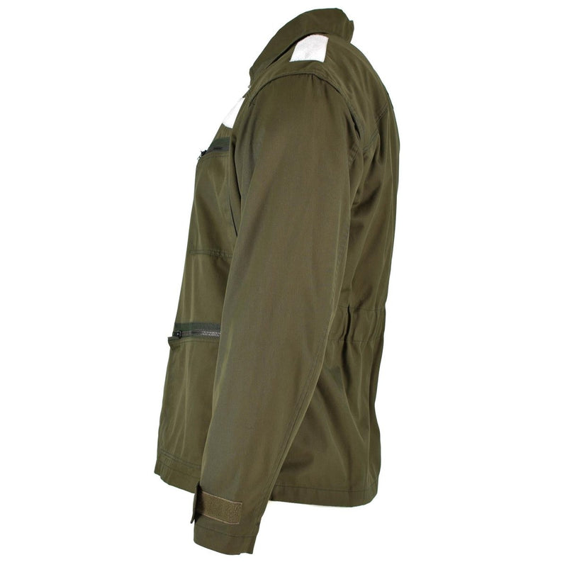 Side view of olive drab Italian army field jacket with windproof lining and adjustable cuffs