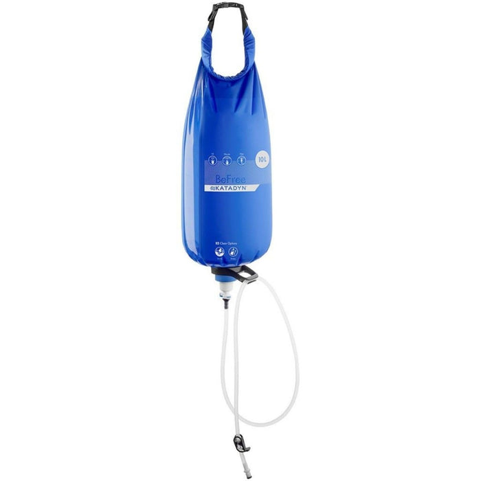 Katadyn BeFree Gravity 10L water filter hydration bladder with EZ-Clean membrane, quick-release valve hanging isolated view