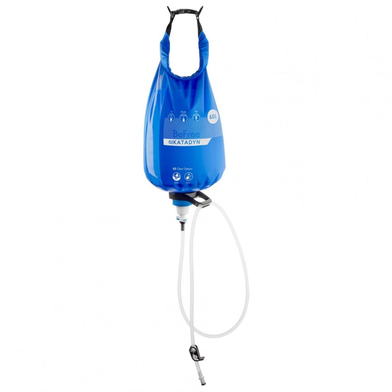 Katadyn BeFree Gravity 6L water filter with hanging bladder and hose for outdoor water purification and hydration.