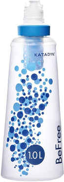 Katadyn BeFree 1.0L lightweight water bottle with blue cap and filtration system for outdoor purification