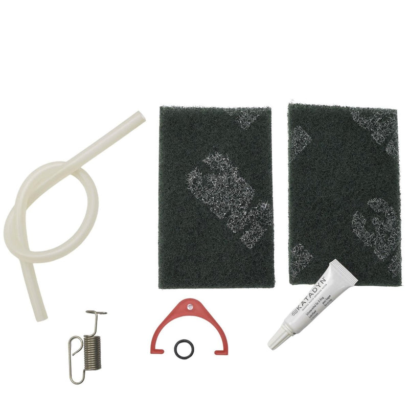 Katadyn Pocket filter replacement cartridge kit with ceramic pads, lubricant, hose, spring, and gasket parts for water filtration.