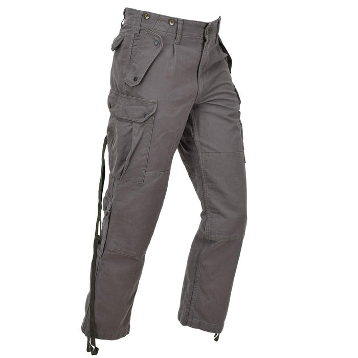 Olive green Leo Kohler combat military pants BDU with multiple pockets and adjustable waist, made from lightweight cotton.